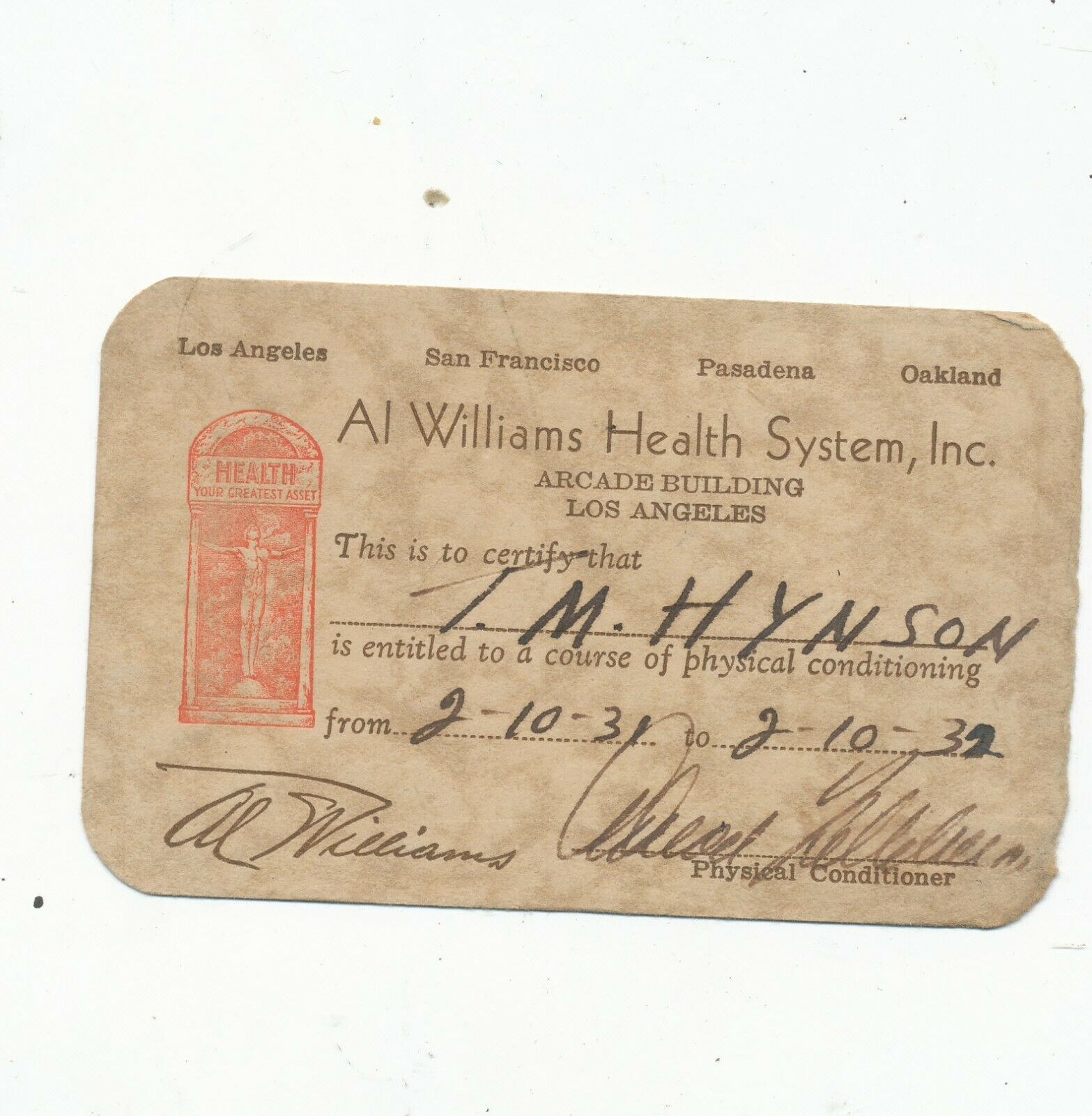 D5148 1932 Membership Card Thomas Hynson Of Pasadena Ca Health Systems