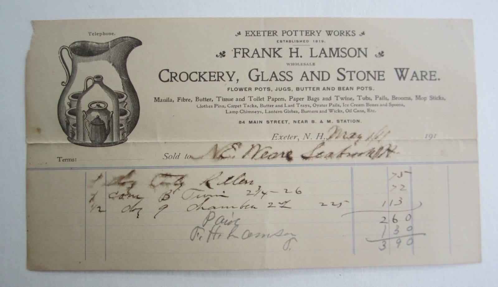 Old 1911 - Frank Lamson Exeter Pottery Works Billhead Document - Crockery - N.h.