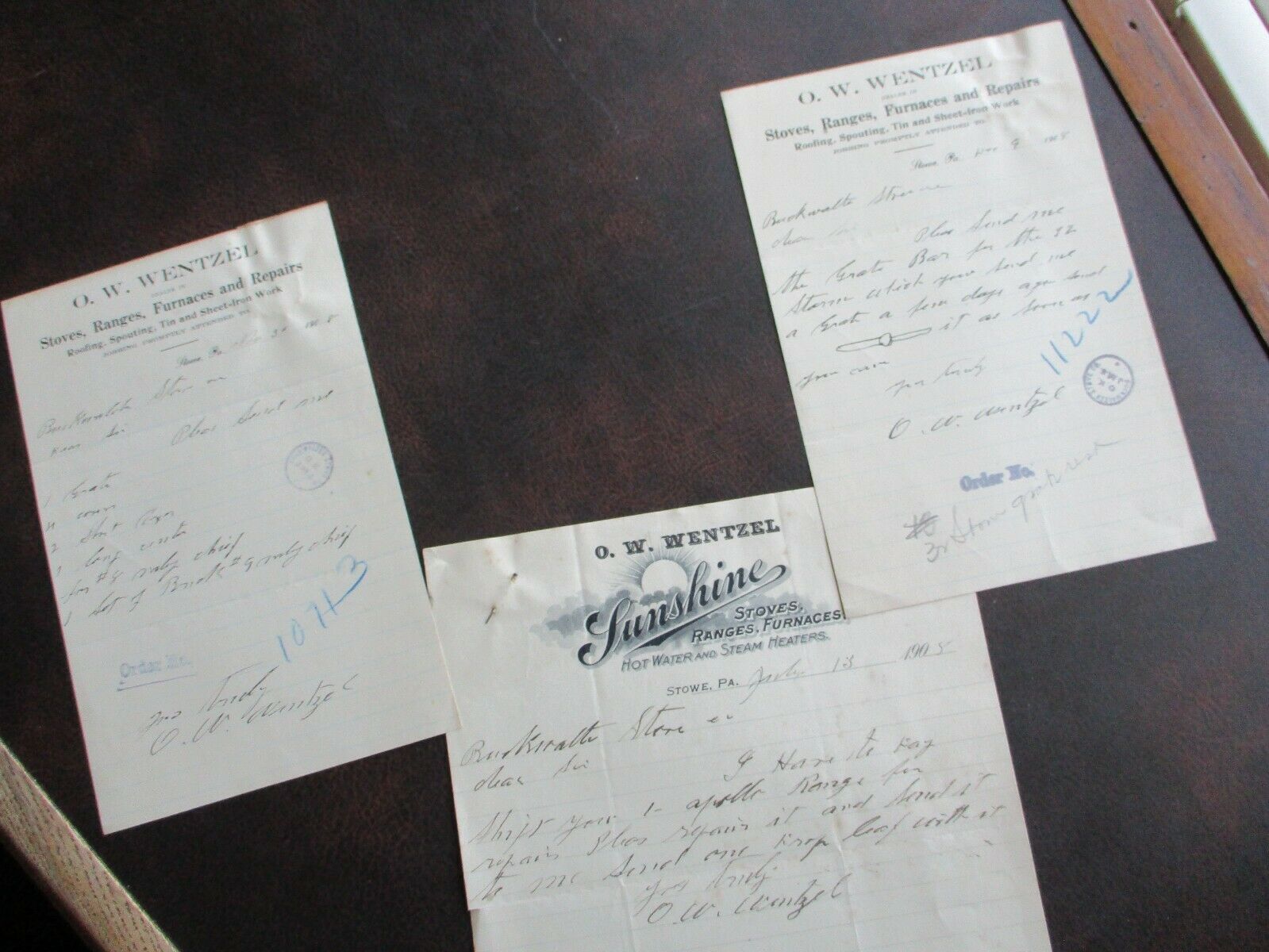 1908 (3) Stowe,pa., O.w. Wentzel Signed Handwritten Graphic Stove Letter Lot
