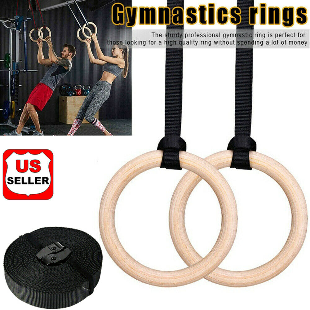 1set Wood Gymnastic Ring Olympic Strength Training Gym Rings Wooden Crossfit New