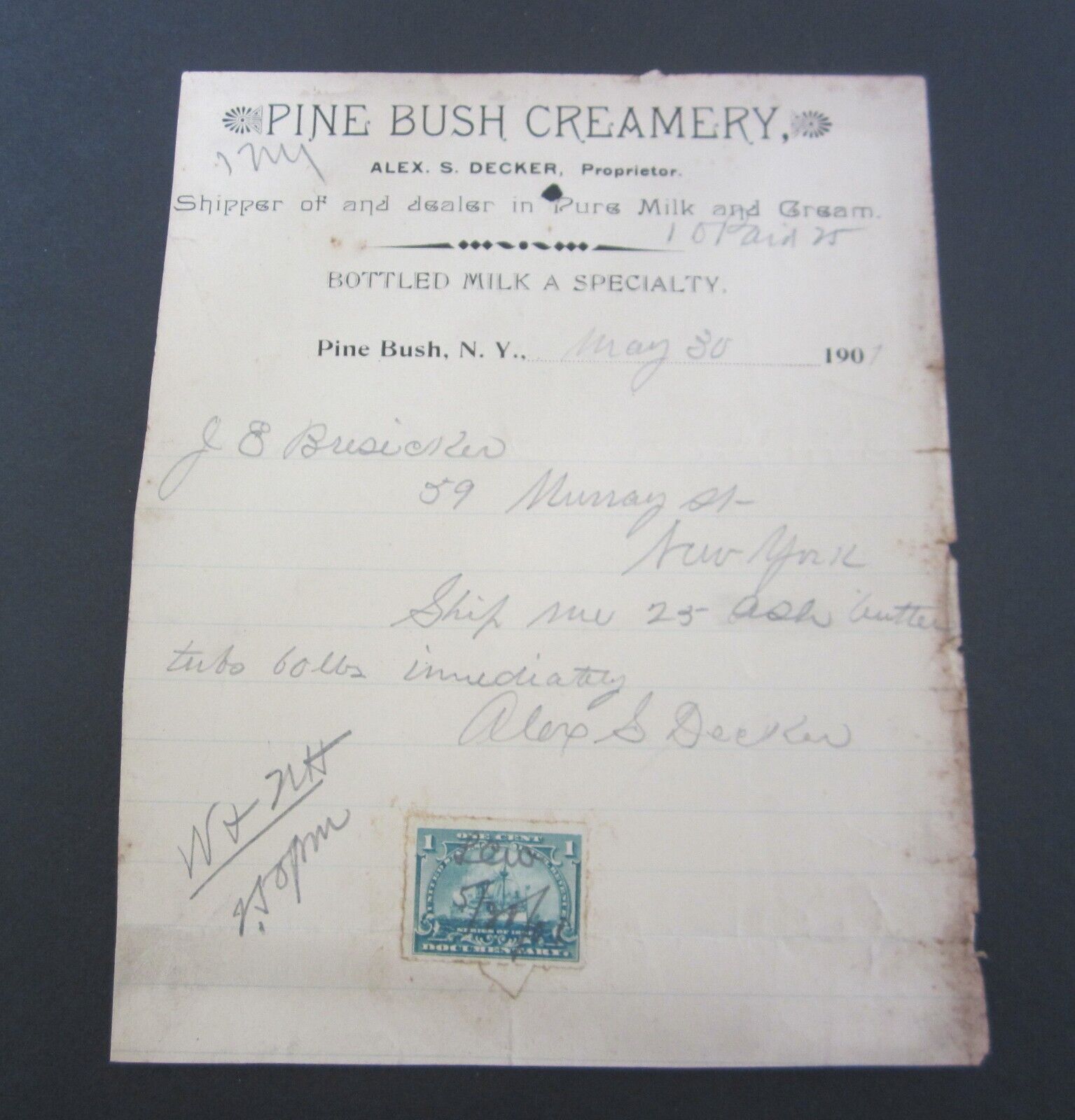 Old 1907 - Pine Bush Creamery - Milk - Document - N.y. - Documentary Stamp