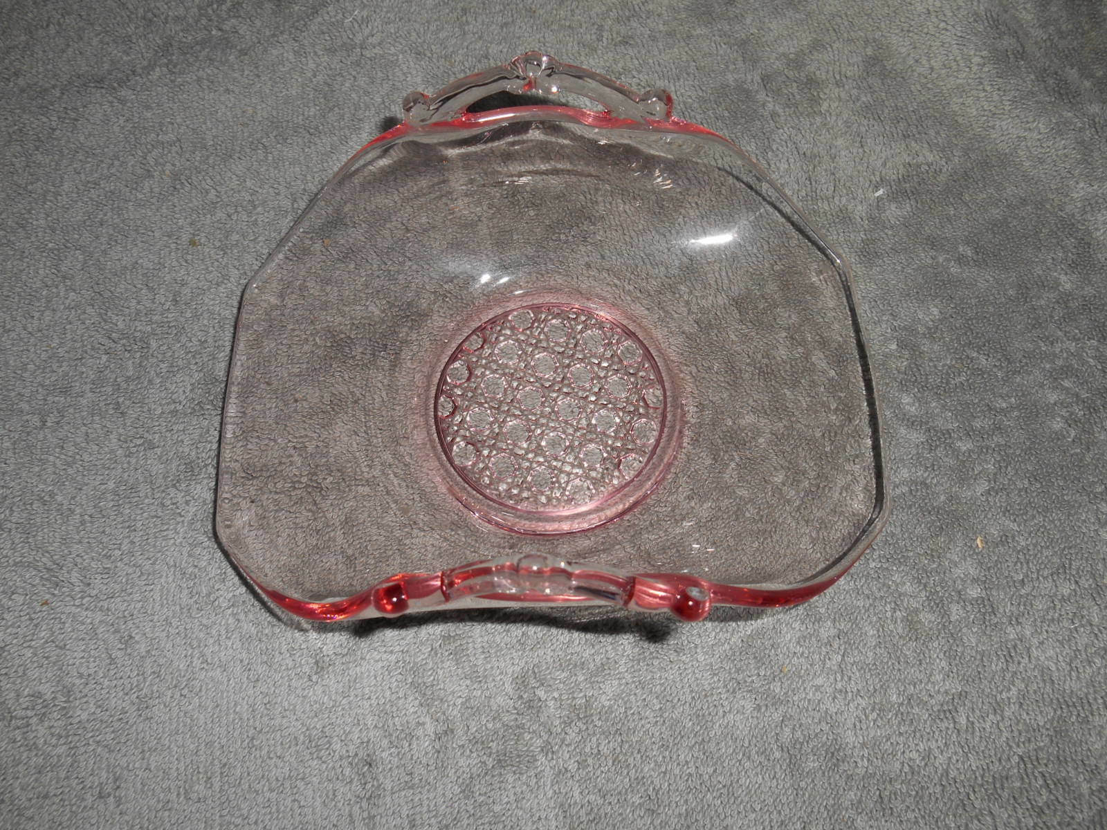 Pink Depression Glass Handled Folded Candy Dish - Button Pattern On Bottom