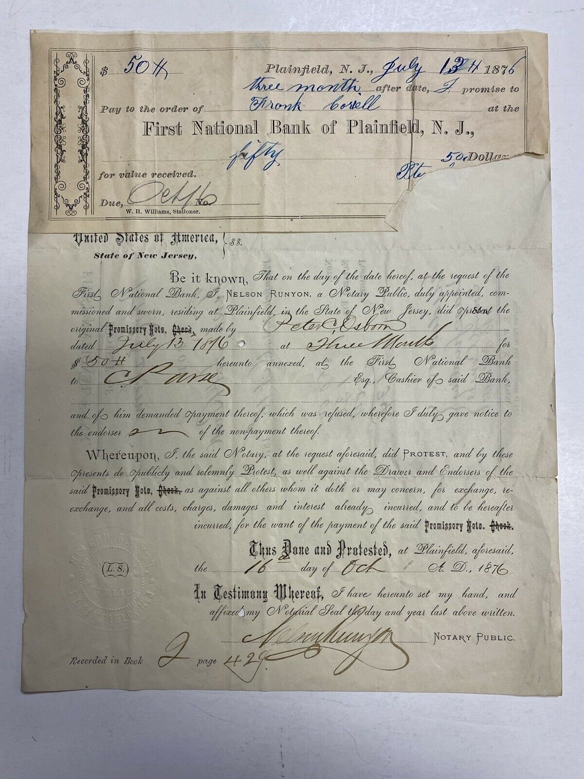 Antique 1876 First National Bank Of Plainfield New Jersey Check + Receipt