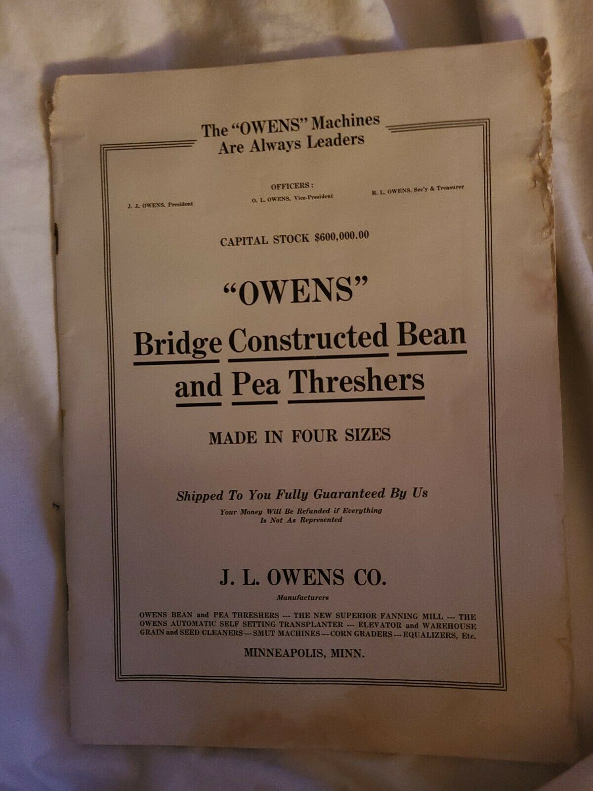 Vintage 1915 "owens" Bridge Constructed Bean And Pea Threshers Information Guide