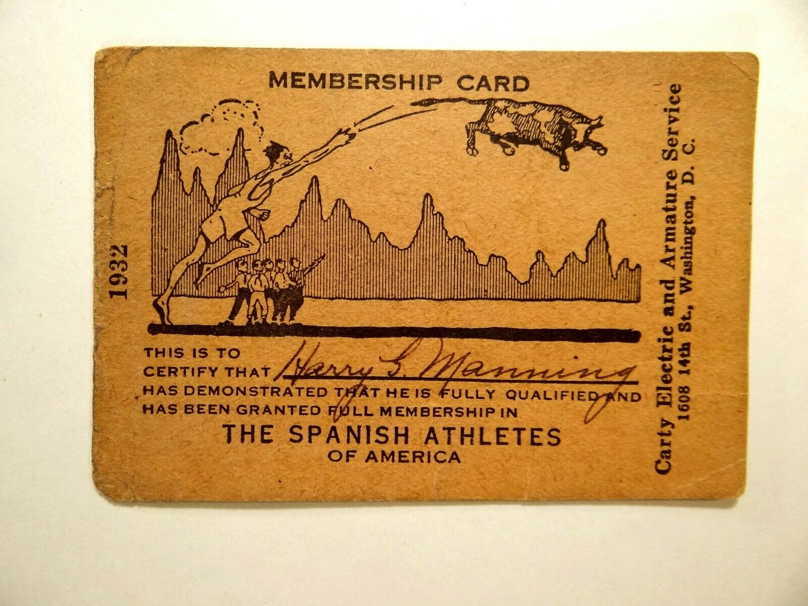 Spanish Athletes Of America Membership Card 1932 Harry G.manning Carty Electric